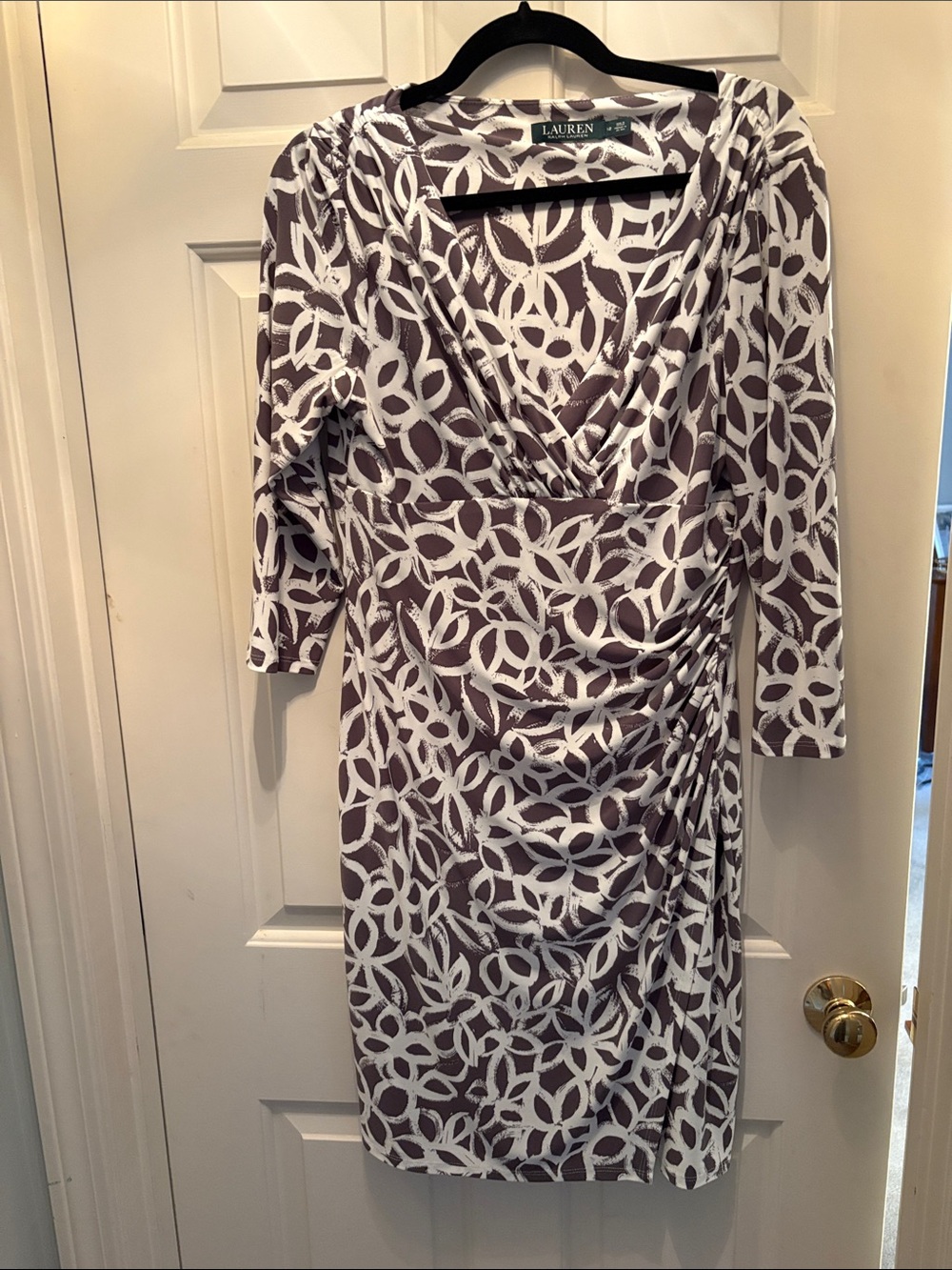 Ralph Lauren Taupe and White Abstract Print Faux-Wrap Midi Dress